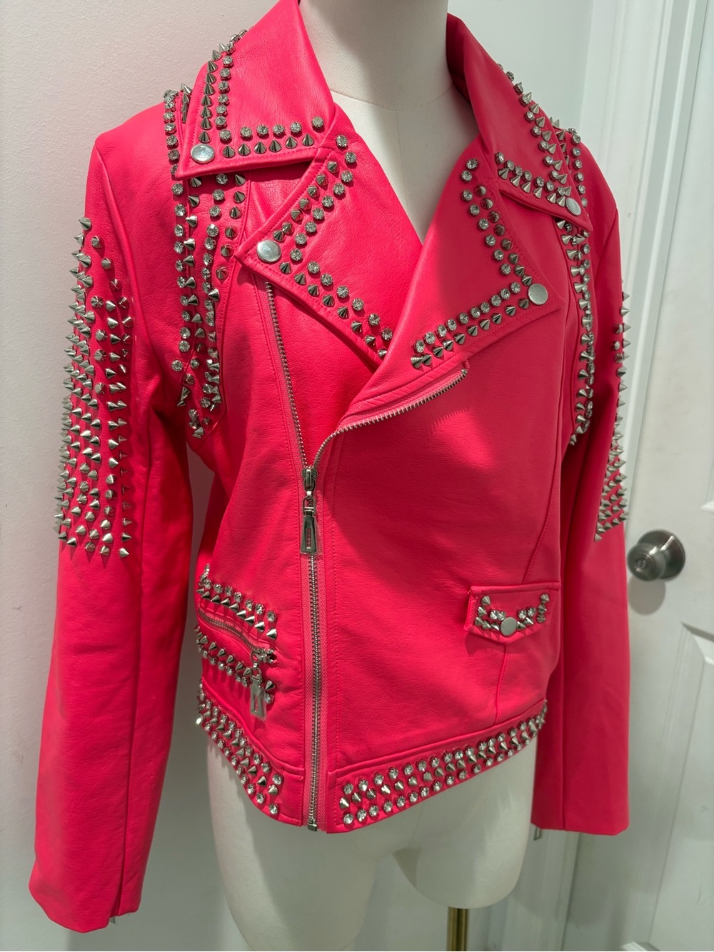 Electric Pink Studded Faux Leather Moto Jacket